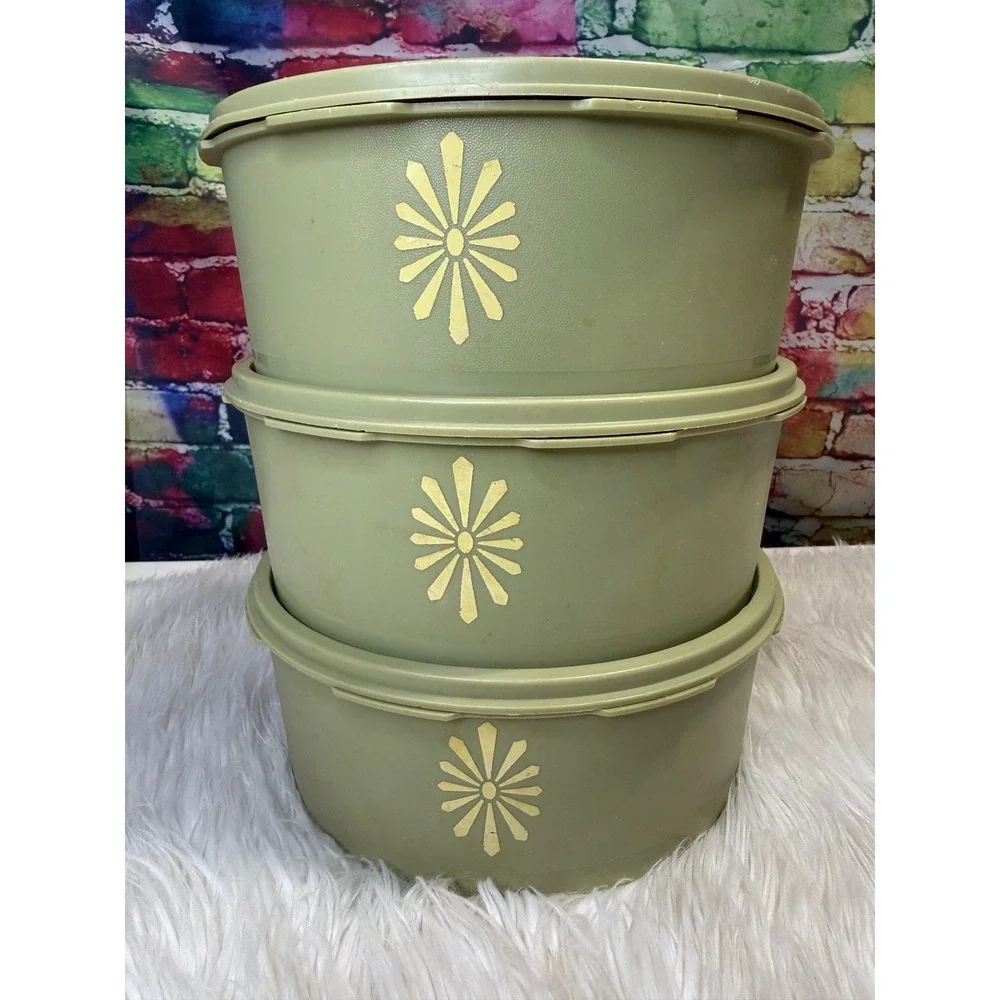 Vintage Tupperware Servalier Set of 3 Avocado Green White Starburst Canisters